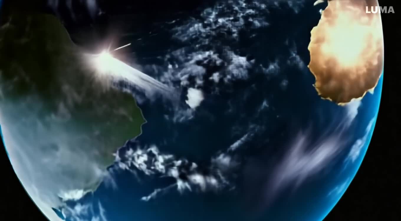 In a 3D animated rendering of Earth from the sky, the planet is engulfed in the chaos of World War. The camera soars over battle-scarred continents, revealing fierce battles and strategic maneuvers. The lighting shifts between the stark brightness of explosions and the somber shadows cast by towering smoke plumes, heightening the scene's intensity.